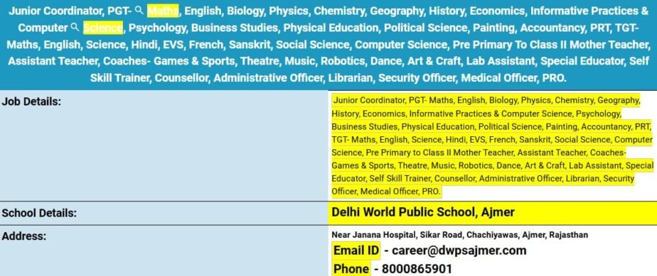 Teachers job in ! Delhi World Public School in Ajmer, Rajasthan