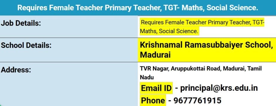 Job for Teachers at Krishnamal Ramasubbaiyer School in Madurai, Tamil Nadu