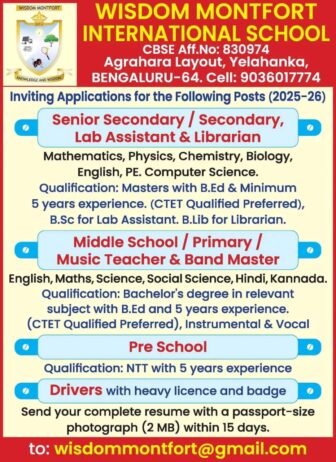 Job Opportunities at Wisdom Montfort International School in Bengaluru