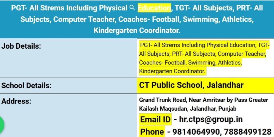 Teaching and Coaching Career Opportunities at CT Public School, Jalandhar