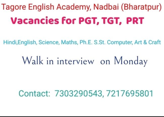 Join the Team at Tagore English Academy! Exciting Teaching Vacancies Available for PGT, TGT, and PRT Positions, Bharatpur