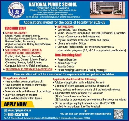 Job for Teachers at National Public School in Bengaluru, Karnataka