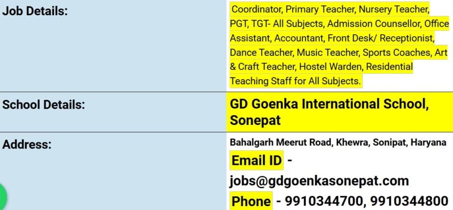 Job for Teachers at GD Goenka International School in Sonipat, Haryana