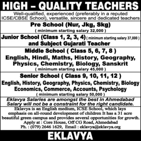 Job for Teachers at Eklavya in Ahmedabad, Gujarat