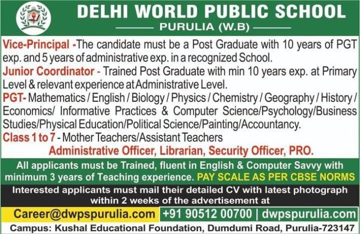 Teacher jobs at Delhi World Public School, Purulia