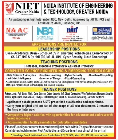 Teacher Job in Noida Institute of Engineering & Technology, Greater Noida, Uttar Pradesh