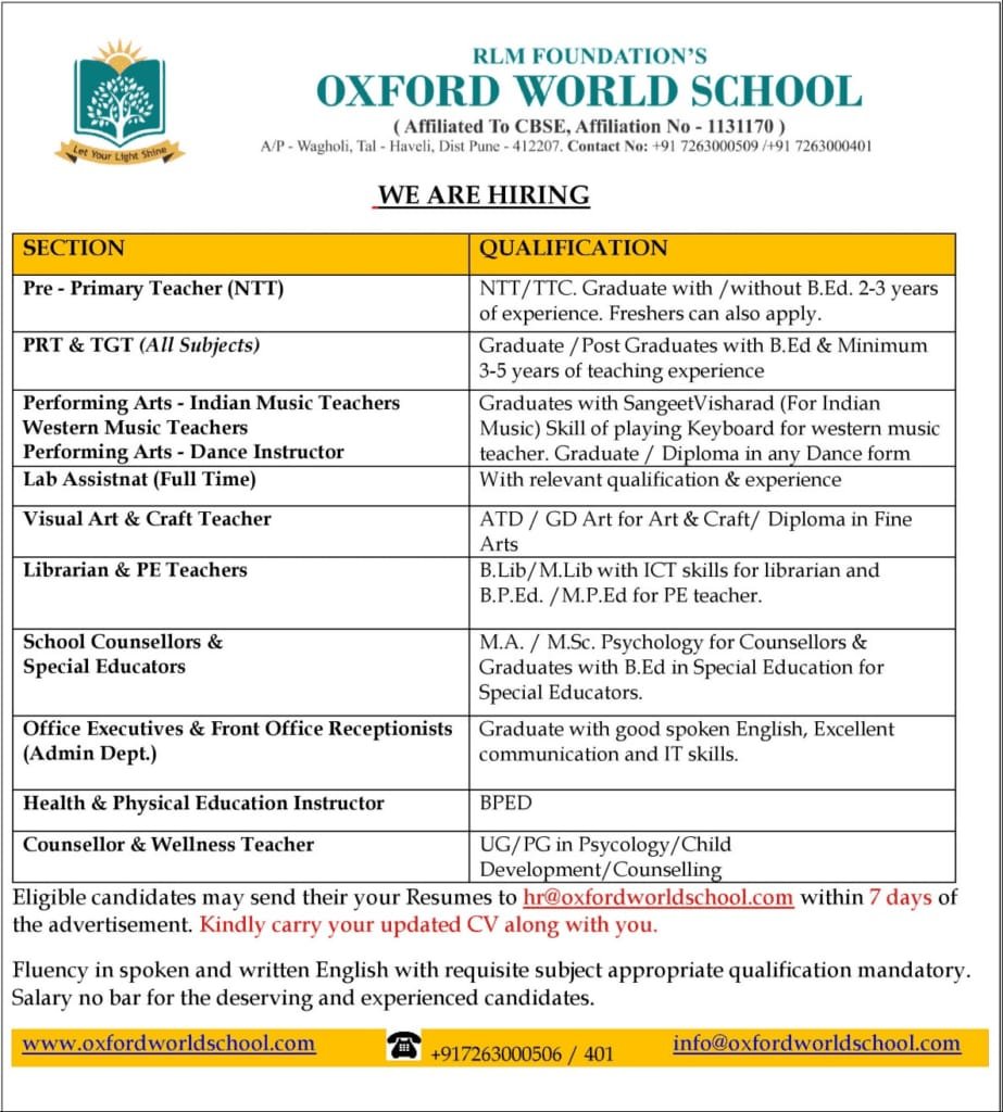 Teacher Job in RLM Foundation’s Oxford World School, Pune, Maharashtra