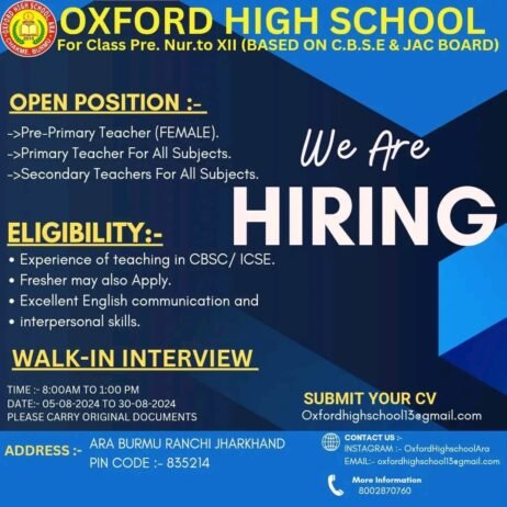 Teacher Job in Oxford High School,  Ranchi, Jharkhand