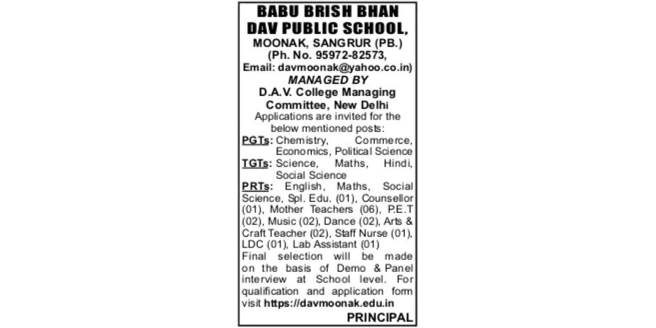 Teacher jobs at Babu Brish Bhan DAV Public School New Delhi, Delhi