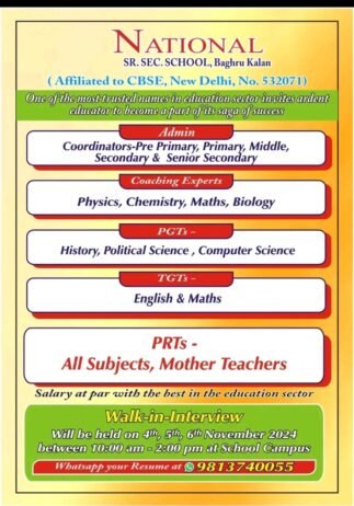 Teachers jobs in!  National Sr. Sec. School, Baghru Kalan – Walk-In Interviews! Patna , Bihar