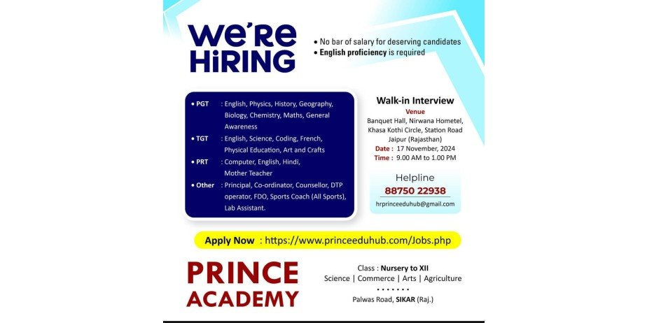 Teacher jobs at Prince Academy, Jaipur, Rajasthan