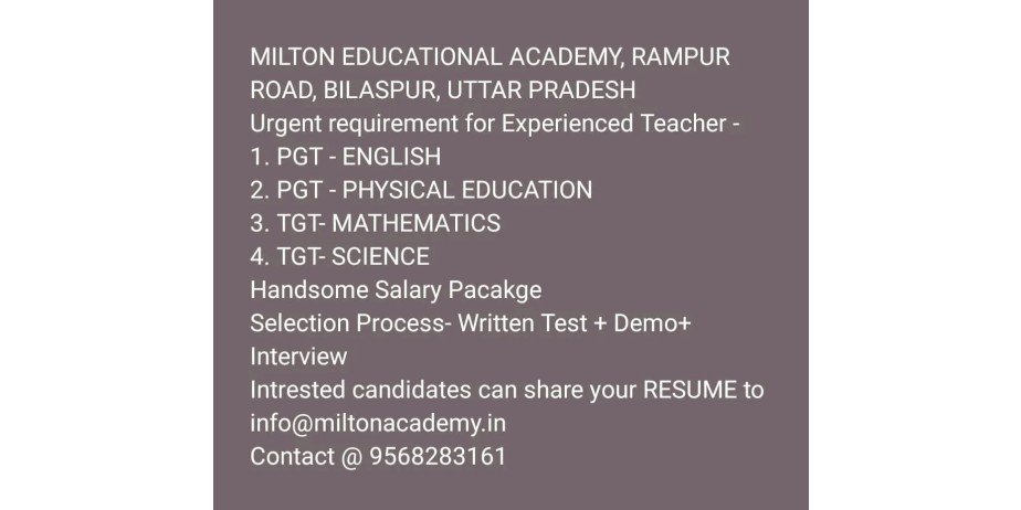 Teacher jobs at Milton Educational Academy, Rampur, Uttar Pradesh