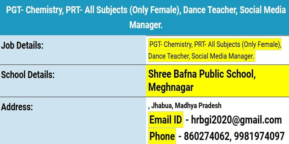 Teacher jobs at Shree Bafna Public School, Jhabua, Madhya Pradesh