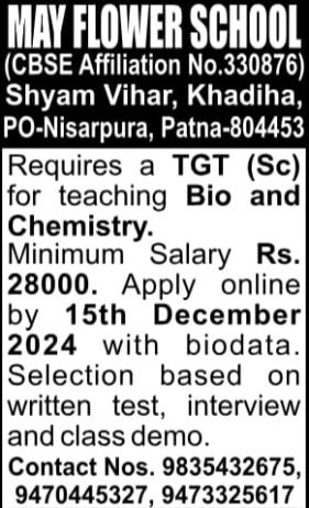 Teacher Job in May Flower School, Patna, Bihar