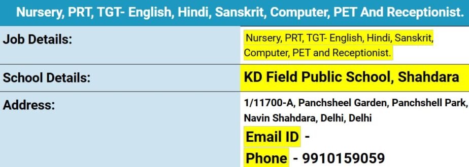 Teacher Job in KD Field Public School, Shahdara, Delhi