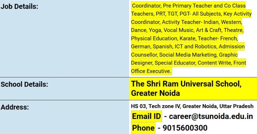 Teacher Job in The Shri Ram Universal School,  Greater Noida, Uttar Pradesh