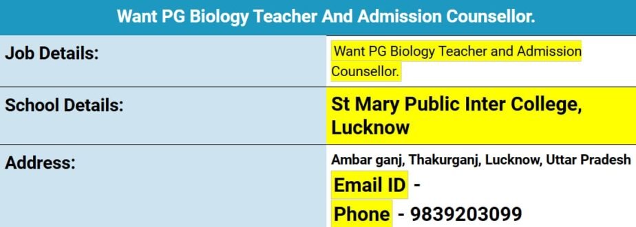 Teacher Job in St. Mary Public Inter College, Lucknow, Uttar Pradesh