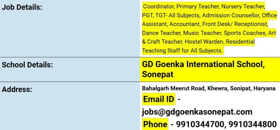 Teacher Job in GD Goenka International School,  Sonipat, Haryana