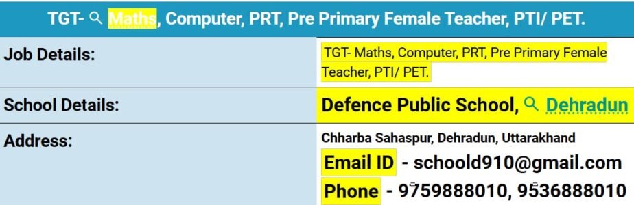 Teacher Job in Defence Public School, Dehradun, Uttarakhand