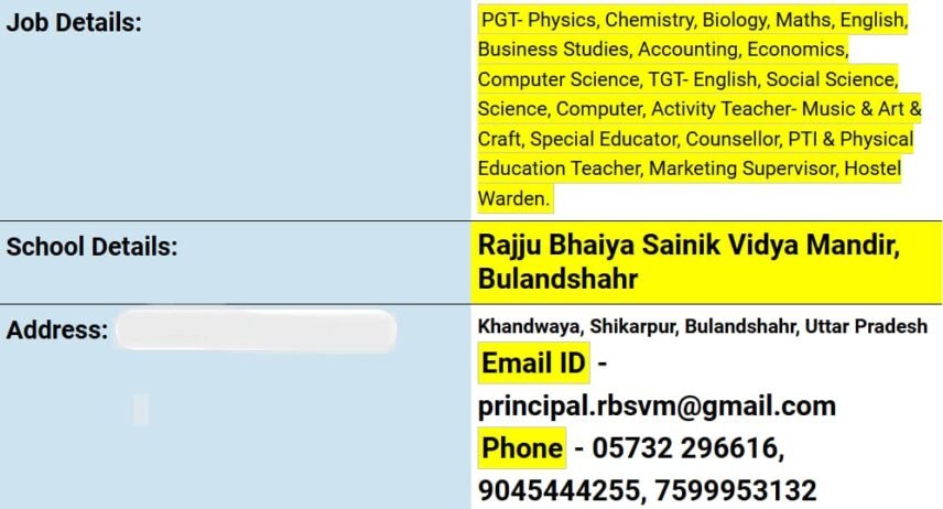 Teacher Job in Rajju Bhaiya Sainik Vidya Mandir, Bulandshahr, Uttar Pradesh