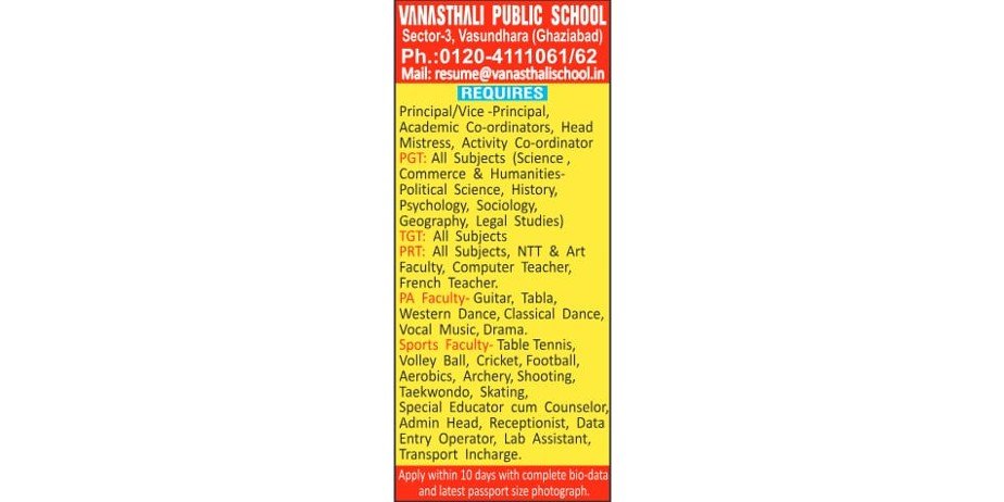 Teacher jobs at Vanasthali Public School, Ghaziabad, Uttar Pradesh