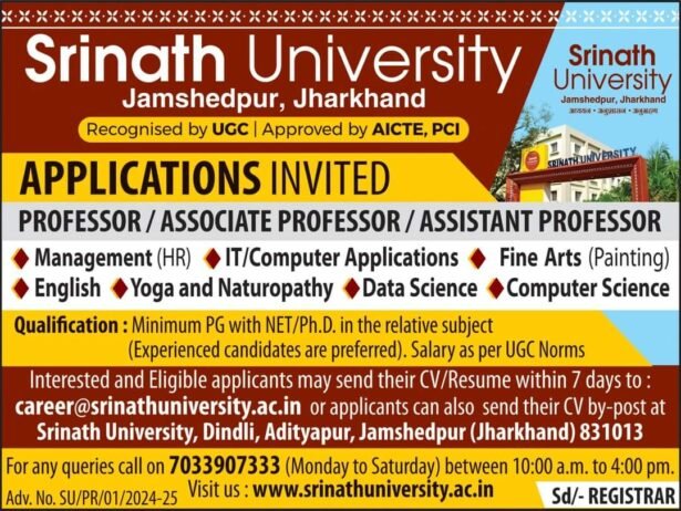 Teacher Job Vacancy at Srinath University Jamshedpur, Jharkhand