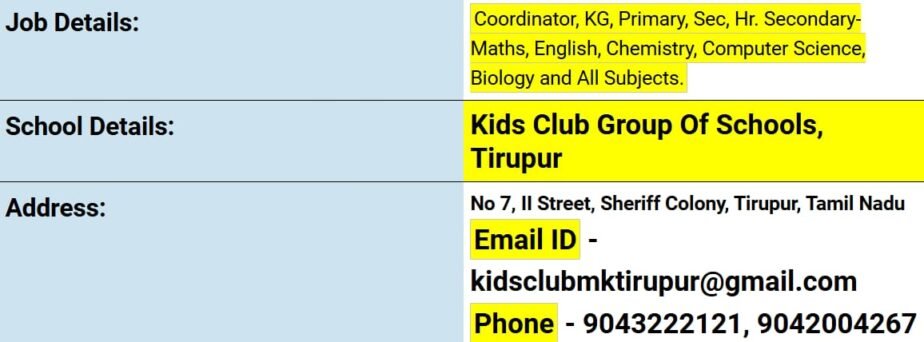 Teacher Job in  Kids Club Group of Schools, Tirupur, Tamil Nadu