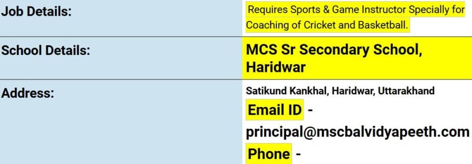 Teacher Job in MCS Sr. Secondary School, Haridwar, Uttarakhand 