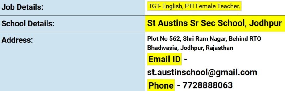 Teacher Job in St. Austins Senior Secondary School, Jodhpur, Rajasthan