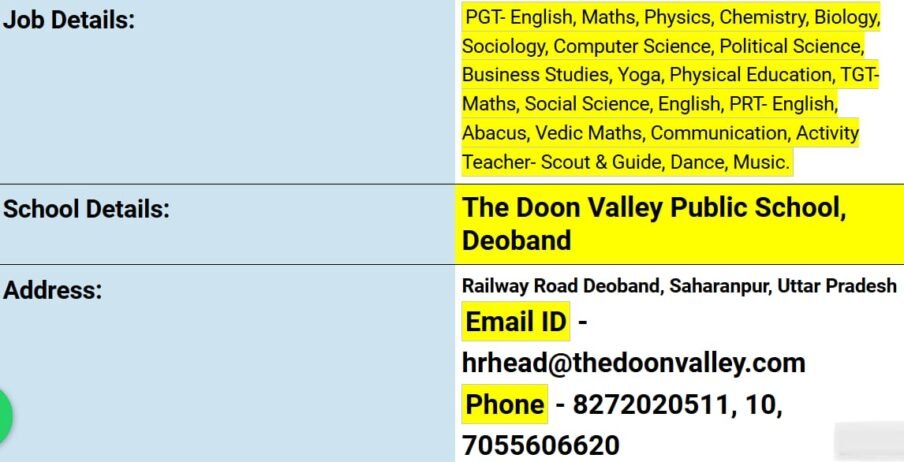 Teacher Job in The Doon Valley Public School, Saharanpur, Uttar Pradesh