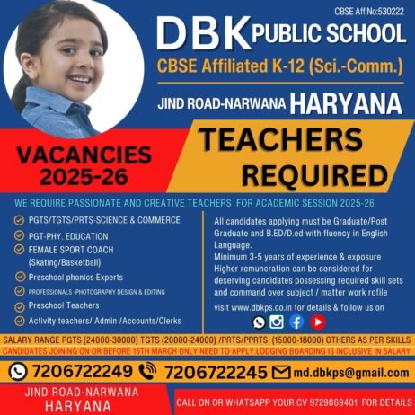 Teacher Job in DBK Public School, Narwana, Haryana