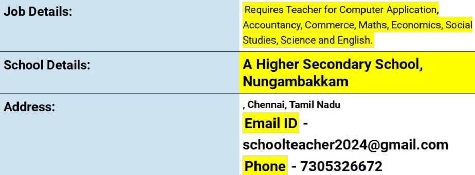 Teacher Job in A Higher Secondary School, Chennai, Tamil Nadu 