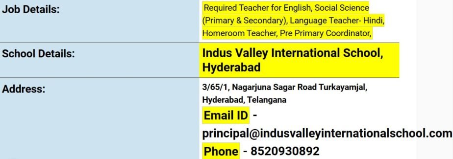 Teacher Job in Indus Valley International School, Hyderabad, Telangana
