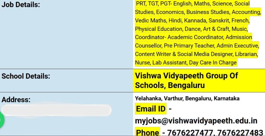 Teacher Job Vacancy At Vishwa Vidyapeeth Group of Schools, Bengaluru, Karnataka