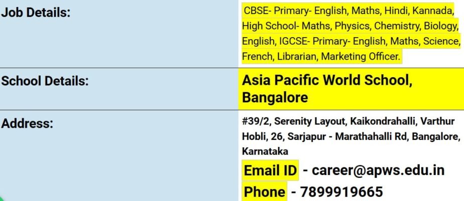 Teacher Job Vacancy at Asia Pacific World School, Bangalore, Karnataka