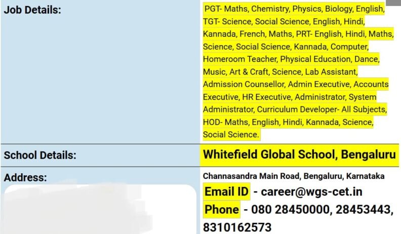 Teacher Job in Whitefield Global School, Bengaluru, Karnataka