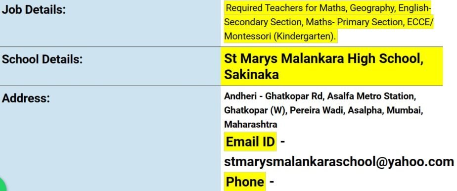 Teacher Job in St. Mary’s Malankara High School, Mumbai, Maharashtra