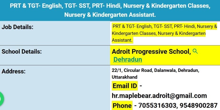 Teachers job in ! Adroit Progressive School in Dehradun, Uttarakhand