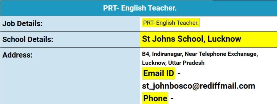 Job for Teachers at St Johns School in Lucknow, Uttar Pradesh