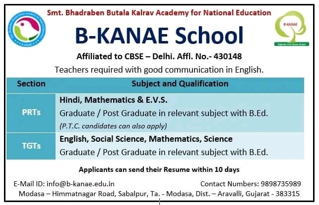 Job for Teachers at B-KANAE School in Aravalli, Gujarat