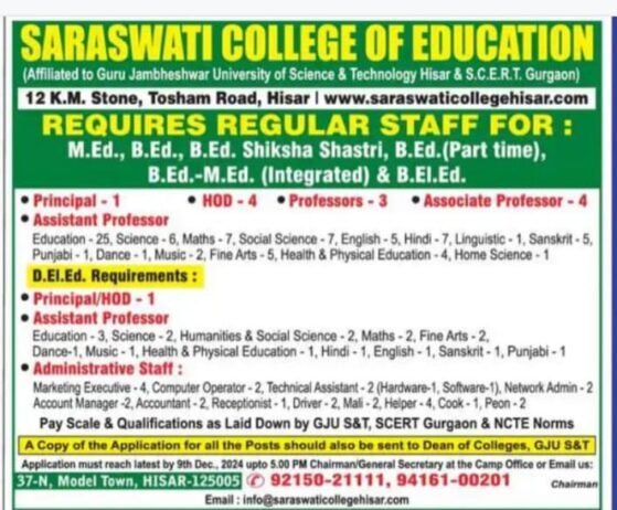 Exciting Career Opportunities  at Saraswati College of Education, Hisar-Haryana