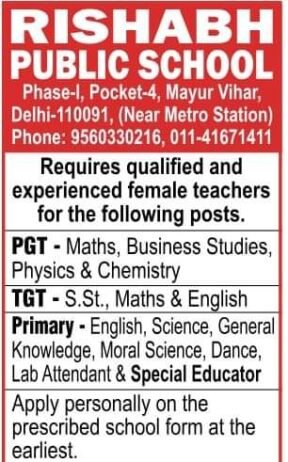 Job for Teachers at Rishabh Public School in Delhi