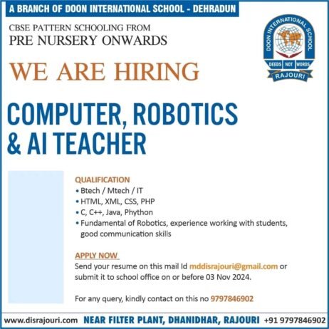 Join Our Team as a Computer, Robotics, and AI Teacher at Doon International School, Dehradun