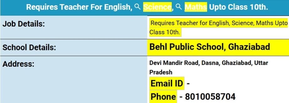 Job Opportunity: Teacher for English, Science, and Maths up to Class 10th at Behl Public School, Ghaziabad