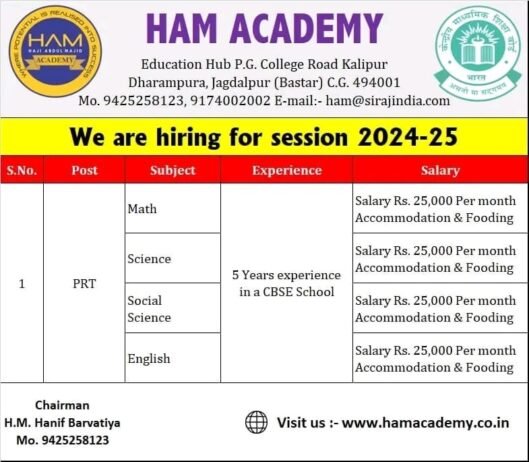 HAM Academy – Hiring PRT Teachers for Session 2024-25, Chhattisgarh