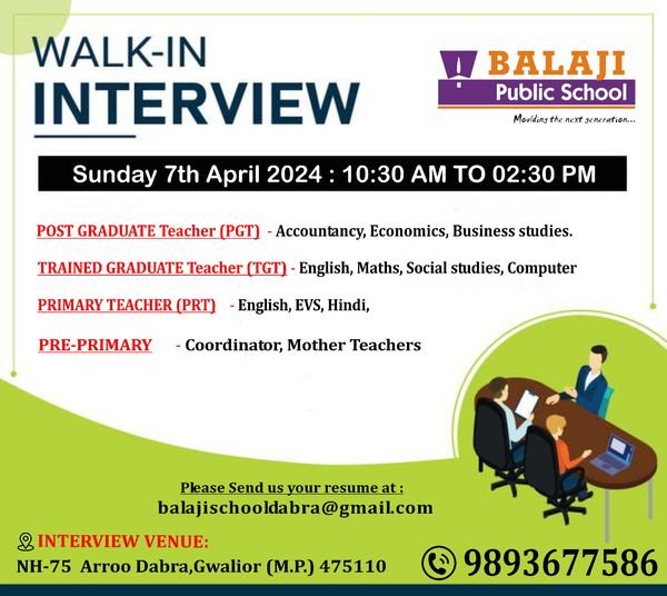 Teaching Opportunities at Balaji Public School, Dabra Gwalior, Madhya Pradesh, 475110