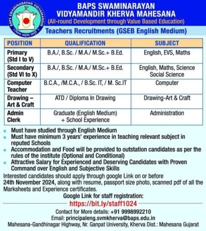 Teacher Recruitment at BAPS Swaminarayan Vidyamandir, Kherva, Mahesana Gujarat-384012