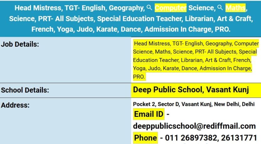 Job for Teachers at Deep Public School in New Delhi, Delhi