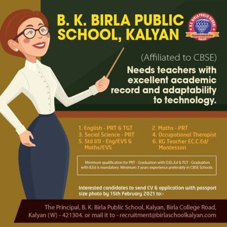 Teaching and Staff Vacancies at B. K. Birla Public School, Kalyan , Maharashtra