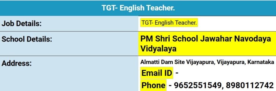 TGT English Teacher Job Opening at PM Shri School, Jawahar Navodaya Vidyalaya, Vijayapura